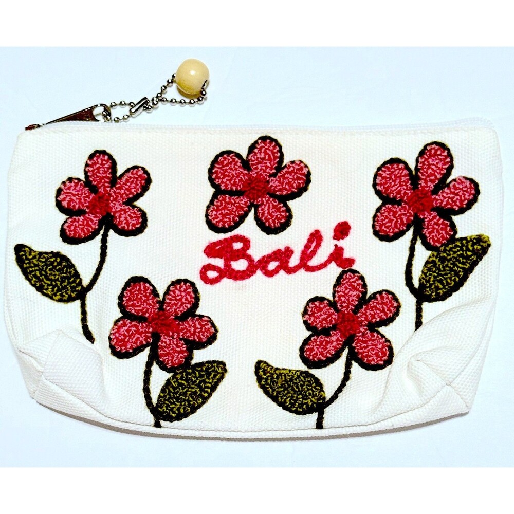 Bali Makeup Bag White Canvas Pink Floral Zip Up Cosmetic Carry Everyday Vacation